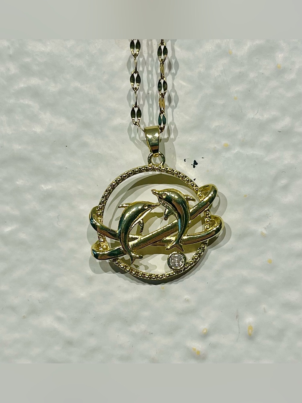 Stainless Steel Gold Dolphin Pendant Necklace with Clear Stone Accent